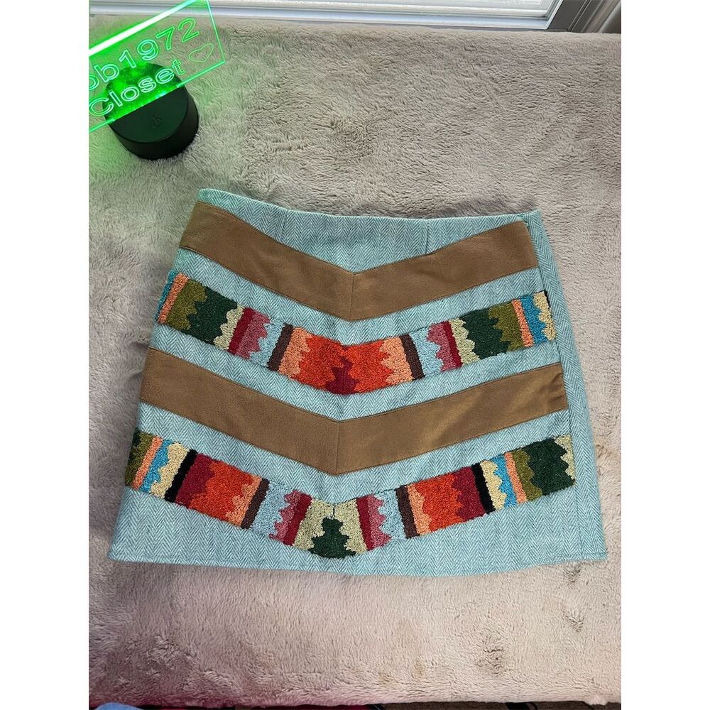 Judith March Women's Teal Tweed Skirt S Aztec Embroidered Chevron